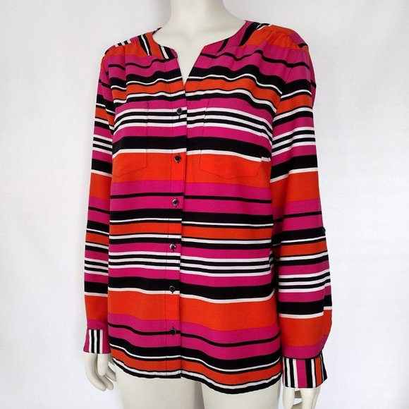 Elementz Vibrant Orange and Pink Stripe Roll Tab Sleeve Blouse - Picture 4 of 13